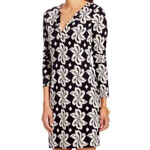 Diane von Furstenberg Reina Leaf Floral Print Black & Cream Short Dress Size 6